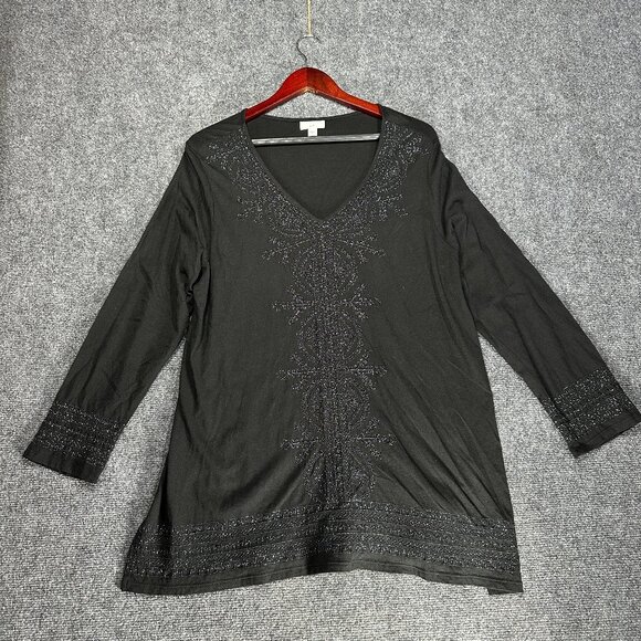 J Jill Top Womens XL Black Long Sleeve Tee Shirt Split Hem Embellished V Neck - Picture 1 of 8